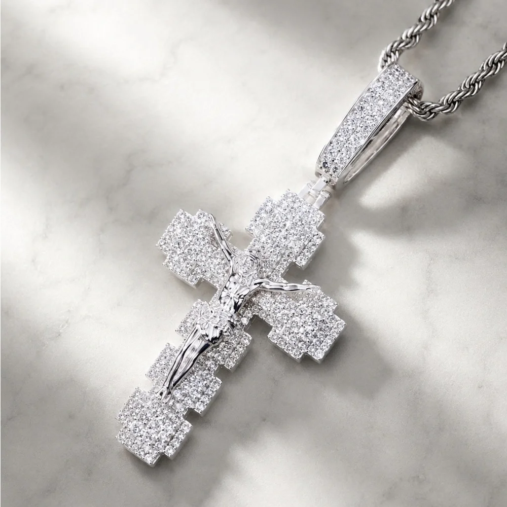 925 Sterling Silver 3.00CTW MOISSANITE Crucifix Cross Men’s Pendant
